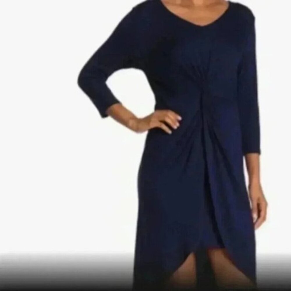 West Kei Navy Blue Midi Dress Stretchy Jersey Knit‎ Sz XSmall high low hem